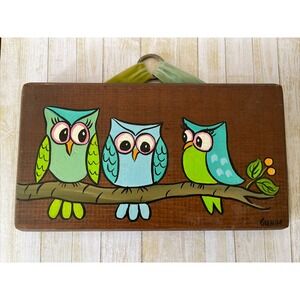 Vintage Painting on Wood Wall Plaque Folk Art Owl Family Signed Glenda 1970s 70s